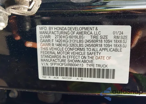 2024 Honda Ridgeline Rtl из США, поврежденный, VIN 5FPYK3F5XRB004113